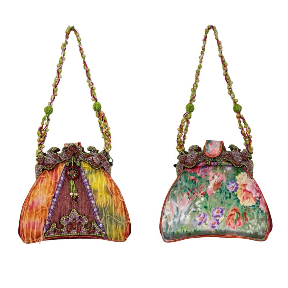 Mary Frances Beaded Shoulder Bag Floral Satin Clutch Multicolor Vintage